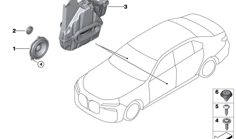 Altavoz grave puerta delantera OEM 65135A2FE32 para BMW Serie 7 G70 (735i, 740d, 740i, 750e xDrive). Compatible con versiones con tracción trasera y total. Altavoz original BMW.