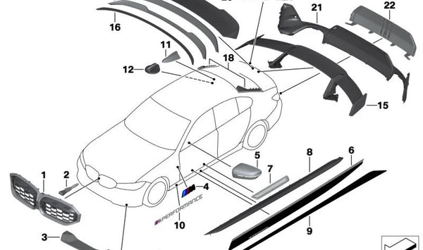Alerón delantero izquierdo en carbono OEM 51195A4B369 para BMW Serie 3 G20. Pieza original BMW M Performance, parte del kit aerodinámico. Mejora estética y rendimiento. Solo compatible con modelos G20. Original BMW.