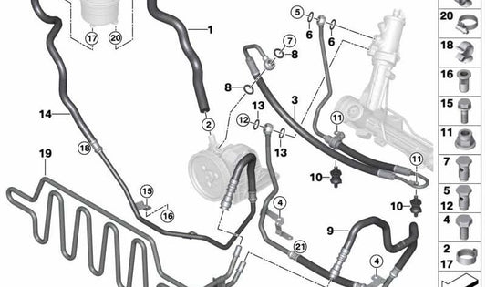 Tubo de aspiración dirección hidráulica OEM 32416764781 para BMW E90, E91, E92, E93 (325d, 330d). Compatible con versiones manuales y automáticas. Original BMW.