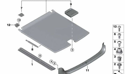 Soporte izquierdo del suelo del maletero OEM 51477253825 para BMW F85, E71, E72, F16. Original BMW.