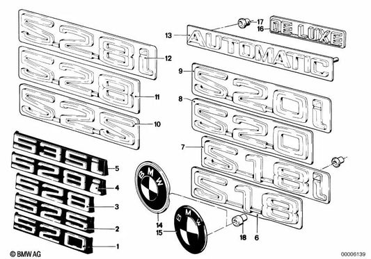 Emblema trasero "528" OEM 51141849919 para BMW Serie 5 E12 (11/1975 - 09/1977). Original BMW.
