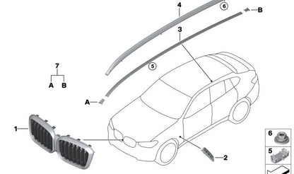 Rejilla decorativa delantera OEM 51135A1AC55 para BMW X3 G01N, G08N y X4 G02N. Pieza original BMW.