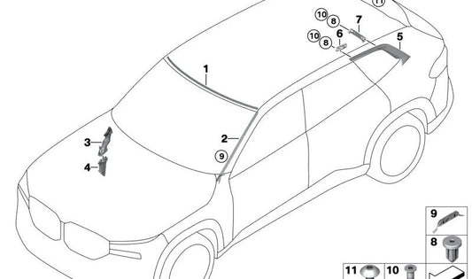 Canale di scarico dell'acqua superiore destra OEM 51717434889 per BMW G05, G18, F95, G06, F96, G07. BMW originale.
