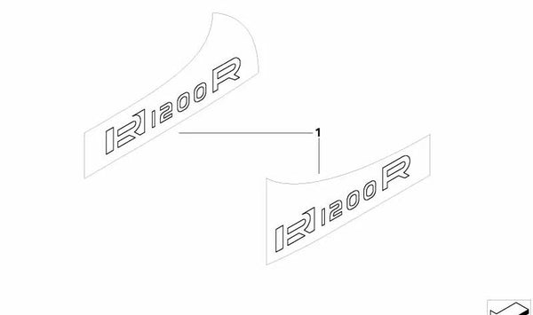 Inscripción lateral izquierda "R1200R" color Hellgold/Grau OEM 51148544105 para moto BMW R1200R (K27) 2009–2014. Original BMW Motorrad.