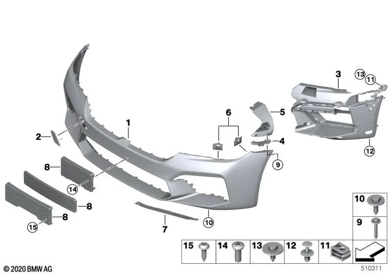 Front PDC/PMA sensor housing kit for BMW 5 Series F90N (OEM 51118081778). Original BMW