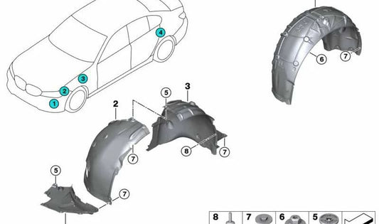 Cubierta paso de rueda trasero derecho OEM 51719627872 para BMW G20, G20N, G21, G21N. Pieza original BMW.
