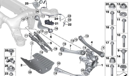 Soporte sensor de aceleración trasero izquierdo OEM 37146883143 para BMW X5 {F95, F95N, G05, G05N, G18, G18N}, X6 {F96, F96N, G06N}, X7 {G07, G07N}, XM {G09}. Original BMW.