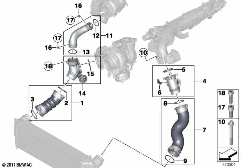 Intercooler pipe for BMW 3 Series F30, F31, F34 4 Series F32, F33, F36 X3 F25 X4 F26 (OEM 11617823233). Original BMW