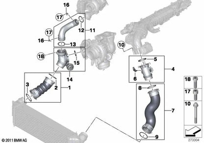 Ladeluftrohr for BMW F20, F21, F22, E90N, F30, F31, F34, F32, F33, F36, F10, F11, F06, F12, F13, F01N, E84, F25, F26, F15, F16 (OEM 11618519492). Genuine BMW.