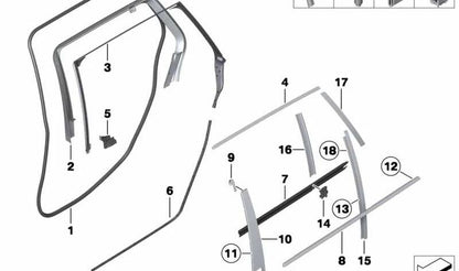 Moldura exterior brillante para puerta trasera derecha OEM 51357209714 para BMW F11. Original BMW.