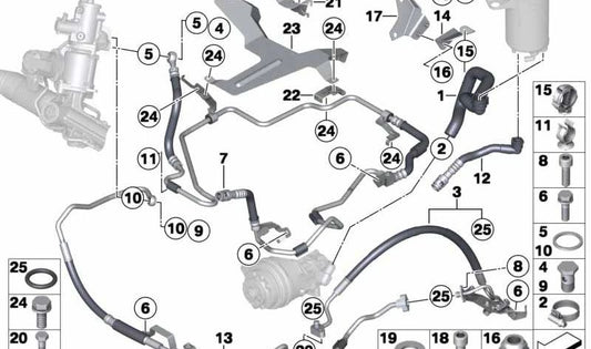 Tubo de retorno dirección activa OEM 32416785483 para BMW X5 E70 y BMW X6 E71. Original BMW.