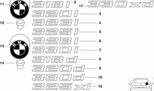 Emblema trasero adhesivo OEM 51147025252 para BMW E46 325i {AW31, AW32, AW41, AW42, EN31, EN32, EN41, EN42, AR71, AR81}. Original BMW.