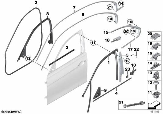 Versiegelung des linken vorderen Innenraumfensters für die BMW 3 F30 -Serie, F31, F35, F80 (OEM 51337259381). Original BMW.