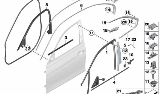 Junta exterior triángulo retrovisor izquierdo OEM 51337352231 para BMW F30, F30N, F31, F31N, F35, F35N. Pieza original BMW.