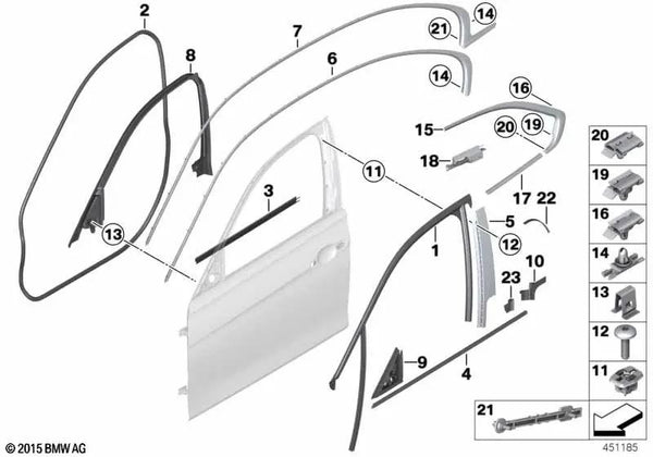 Junta de marco de ventanilla interior derecha OEM 51337259382 para BMW Serie 3 F30, F31, F80 M3… y más. Original BMW.