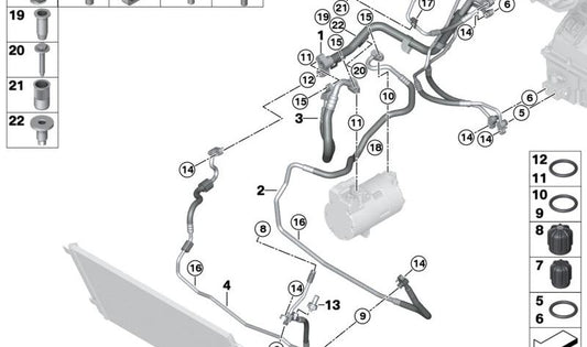 Tubo de presión del aire acondicionado OEM 64509353262 para BMW i8 {I12, I15} con gas R1234YF. Compatible con modelos de tracción total y motor B38T/XB2H. Original BMW.