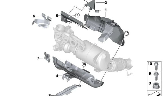Protector térmico colector escape OEM 11655A55ED0 para BMW F40 (128ti, M135i xDrive), F44 (M235i xDrive), X2 F39 (M35i) y MINI F54 JCW. Original BMW y MINI.