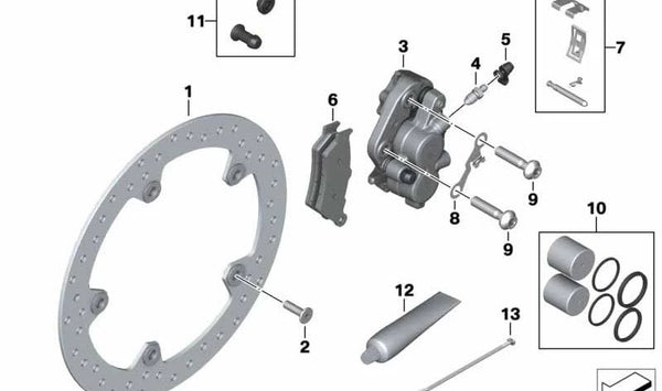 Pinza de freno delantera izquierda sin pastillas OEM 34118382761 para BMW Motorrad F 750 GS, F 800 GS, F 850 GS, F 900 GS, F 900 GS Adventure. Original BMW Motorrad.