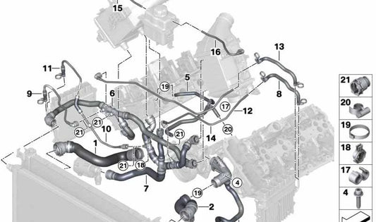 Tubería del radiador refrigerante OEM 17127991452 para BMW G11, G12, G30, G31, G32, F90, F91, F92, F93, F95, F96, F97, F98. Recambio original BMW.