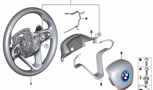 Volante deportivo de cuero con levas de cambio OEM 32306859609 para BMW i8 I12 e I15. Compatible con modelos automáticos y tracción total fabricados entre 2014 y 2020. Original BMW.