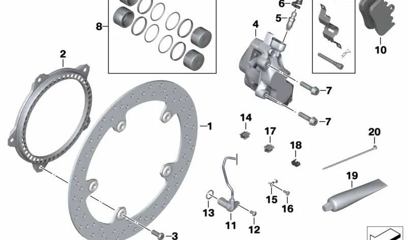 Silla de freno EVO sin pastilla derecha OEM 34117684960 para motos BMW R1200GS, R1200GS Adventure. Original BMW Motorrad.