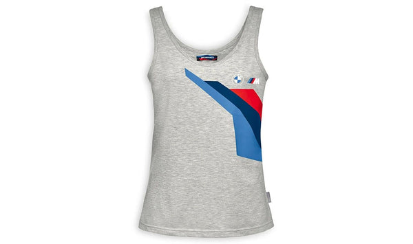 Camiseta de tirantes gris Motorsport mujer OEM 76615A81695 para BMW Motorrad {todos los modelos}. Diseño deportivo con logos BMW y M. Tallas XS a 2XL. Original BMW Motorrad.