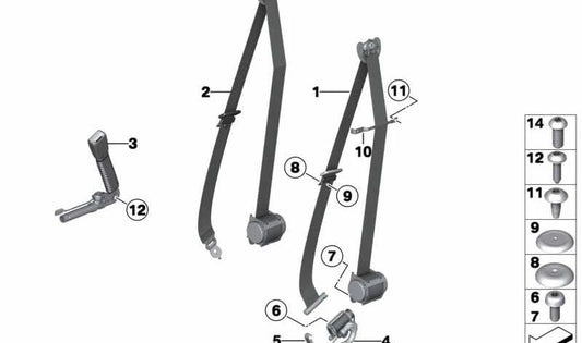 Hebilla del cinturón con pretensor derecho OEM 72117328842 para BMW F07, F10, F11, F01, F02. Repuesto original BMW.