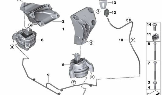 Soporte motor izquierdo OEM 22117935145 para BMW F18. Pieza original BMW.