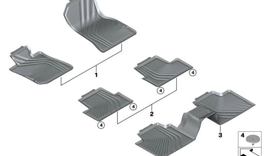 Original OEM 51475A43445 rubber floor mats for BMW G26 (i4). Non-slip and water resistant.