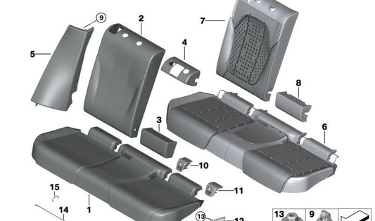 Acolchado espuma respaldo central inferior OEM 52207444563 para BMW X3 G08, G08N. Repuesto original BMW.