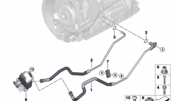 Tubo de aceite del radiador (ida) OEM 17228509704 para BMW E81, E82, E87. Recambio original BMW.