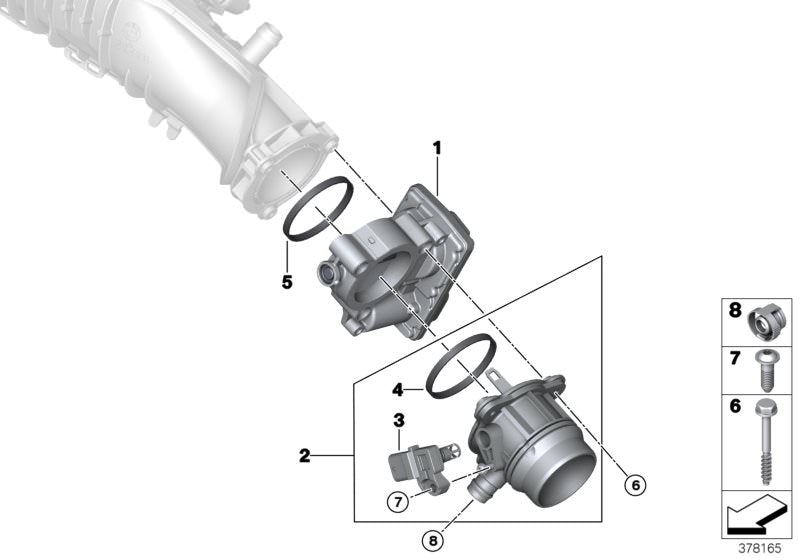 Cuerpo de mariposa OEM 13548512452 para BMW F20, F21, F22, F23, F30, F31, F34, F32, F33, F36, F10, F11, G20, G21, G30, G31, G32, G11, G12, G14, G15, G16, F48, F39, F25, G01, F26, G02, F15, G05, G06, G07. Original BMW.