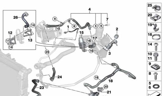 Electric water pump support 11538514440 for BMW E81, E82, E87, E88, E90, E91, E92, E93, F07, F10, F11, F18, F01, F02, F03, F04, X1 E84, X3 F25, Z4 E89. Original BMW.