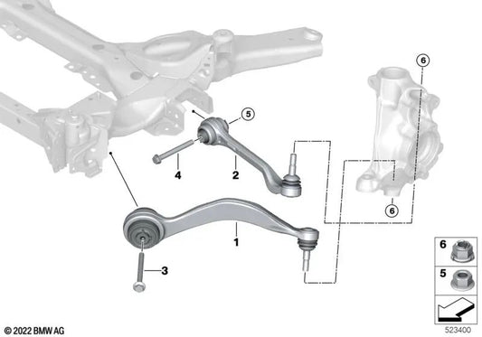 Braço de controle inferior com rolamento de borracha direita para BMW 3 G20 Series, G20N, G21, G21N, G28, G28N (OEM 31106898072). BMW original.