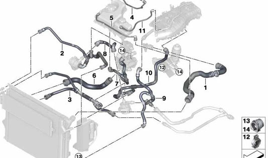Tubo de refrigerante OEM 17127555633 para BMW F30 330e (todos los modelos: 8E21, 8E22, 8E23, 8E24, 8E28). Conducto de líquido refrigerante del motor. Original BMW.