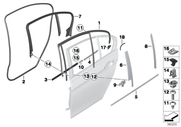 Guía para ventana puerta trasera derecha OEM 51357414536 para BMW Serie 3 F31 LCI (2014-2019). Original BMW.