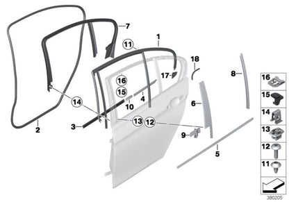 Guía para ventana puerta trasera derecha OEM 51357414536 para BMW Serie 3 F31 LCI (2014-2019). Original BMW.