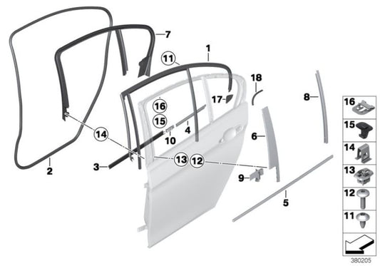 Guía para ventana puerta trasera derecha OEM 51357414536 para BMW Serie 3 F31 LCI (2014-2019). Original BMW.