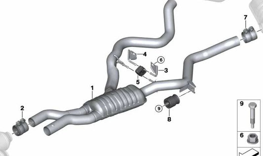 Silencioso intermedio con tubos OEM 18307553826 para BMW E90 y E91. Original BMW.