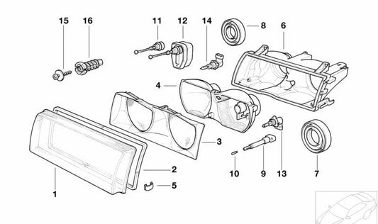Cubierta de vidrio izquierda OEM 63128361099 para BMW Serie 3 E36 (316i, 318tds) y más. Original BMW.