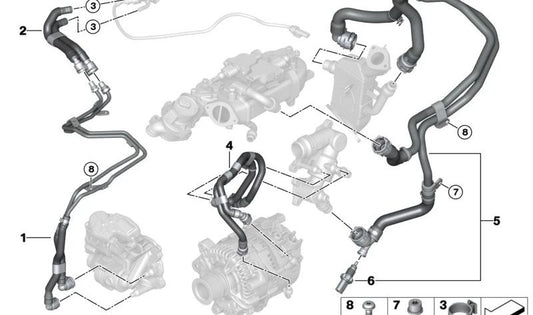 Manguera de refrigerante dosificador OEM 11537822090 para BMW G05, G06, G07 (X5 y X6 40d, X7 xDrive40d). Compatible desde 2022. Original BMW.