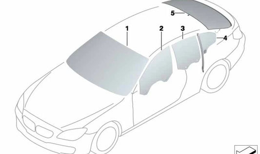 Cristal lateral verde puerta delantera izquierda OEM 51337275395 para BMW F06 (640d, 640i, xDrive) todos los modelos 2012-2018. Original BMW.