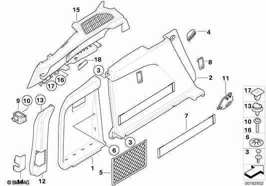 Rear left trunk rail for BMW E70, E70N (OEM 51476969801). Original BMW