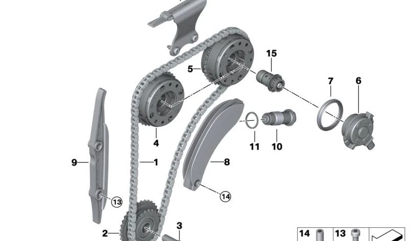 Guía tensora de cadena de distribución OEM 11317617472 para BMW F20, F21, F22, F23, F45, F46, F30, F31, F34, G20, F32, F33, F36, G22, G26, G30, G31, G38, G32, G11, G12, F48, F39, G01, G02, F55, F56, F57, F54, F60. Original BMW.
