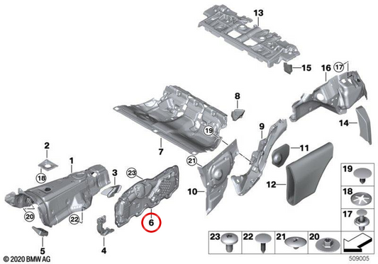 Cubierta acústica delantera derecha OEM 51007491358 para BMW G22, G23, G82, G83. Original BMW.