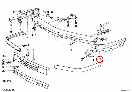 Listón parachoques delantero izquierdo OEM 51111868101 para BMW Serie 5 E28 (518, 520i). Original BMW.