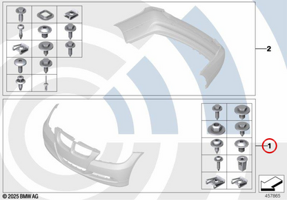 OEM 51112410006 Front Stoßfänger Fixierungskit für BMW E90, E90N, E91, E91N, E92, E92N, E93, E93N. Original BMW.