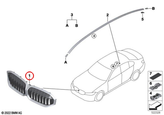 Parrilla delantera en negro brillante para BMW Serie 3 G20N, G21N (OEM 51115A1BFB2). Original BMW