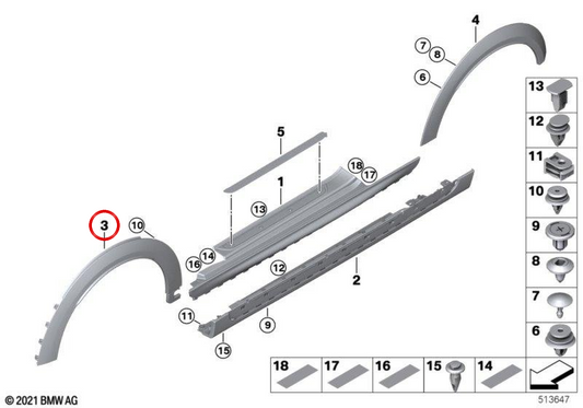 Moldura arco de rueda delantera izquierda OEM 51115A3C7E7 para MINI F56 LCI, F55 LCI, Cabrio F57 LCI. Original MINI.