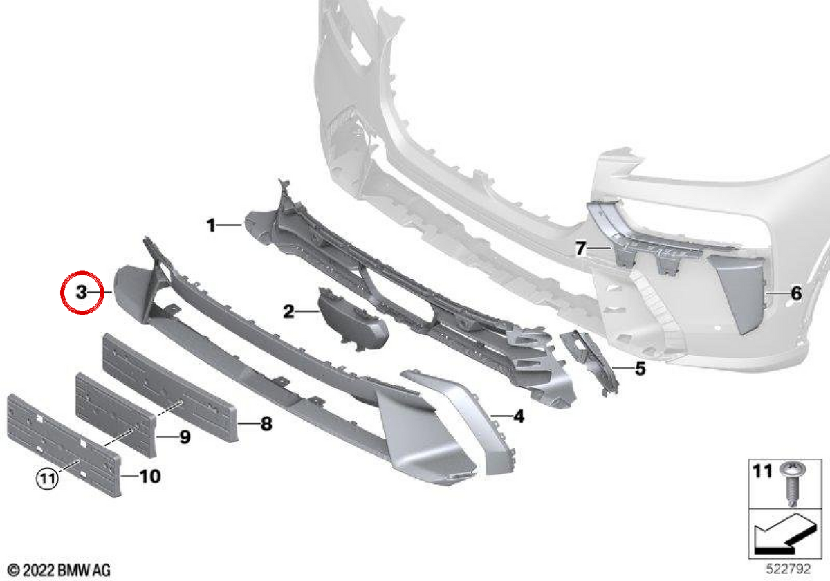 Copertura frontale centrale 51115A54A87 per BMW G07. BMW originale.